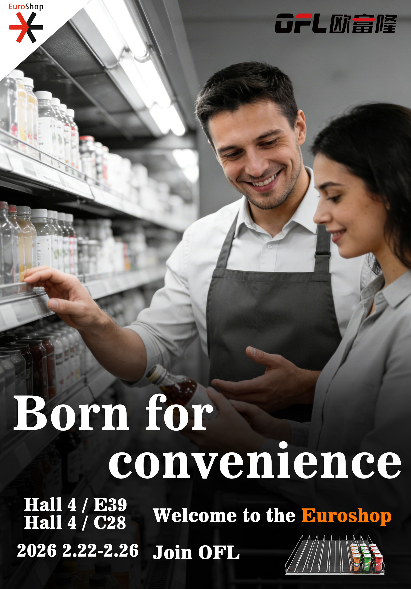 Gravity drink roller shelf